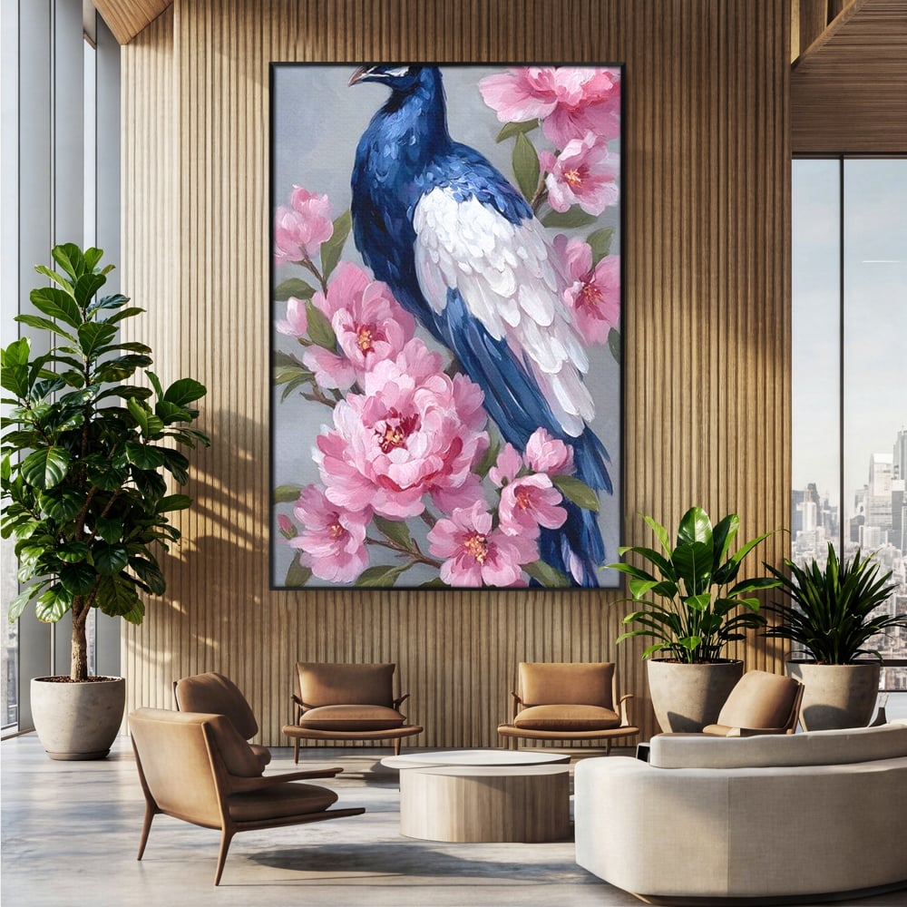 Tablou canvas cu tablou canvas cu paun si bujori roz, in rama de aluminiu negru, pe perete intr-un birou